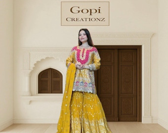 Broderat gult Sharara-set: Pakistansk outfit med konstgjord georgette