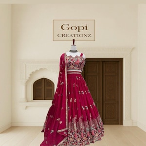 Hot Pink Embroidered Georgette Lehenga Choli Set  Thread & Sequin Work with Dupatta | Partywear Indian Bridal Outfit | Full Stitched Lehenga