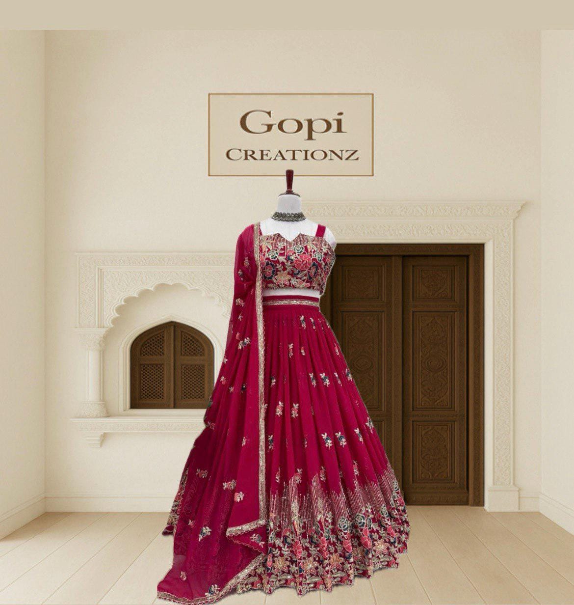 Hot Pink Embroidered Georgette Lehenga Choli Set  Thread & Sequin Work with Dupatta | Partywear Indian Bridal Outfit | Full Stitched Lehenga
