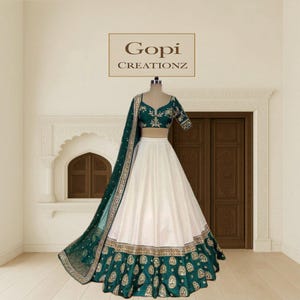 Emerald Green & White Tapeta Silk Lehenga Choli with Dupatta, Embroidered Bridal Lehenga, Indian Wedding Outfit, Party Wear Dress for Women