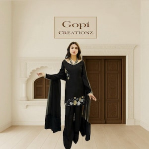 Black Crepe Silk Suit Set | Embroidered Ready-to-Wear Party Wear | Elegant Farshi Pant with Dupatta | Festive Indian Pakistani Outfit