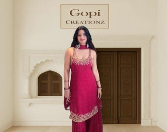 Hot pink Sharara Suit with Dupatta, Georgette Embroidered Party Wear Outfit, Indian Wedding Dress