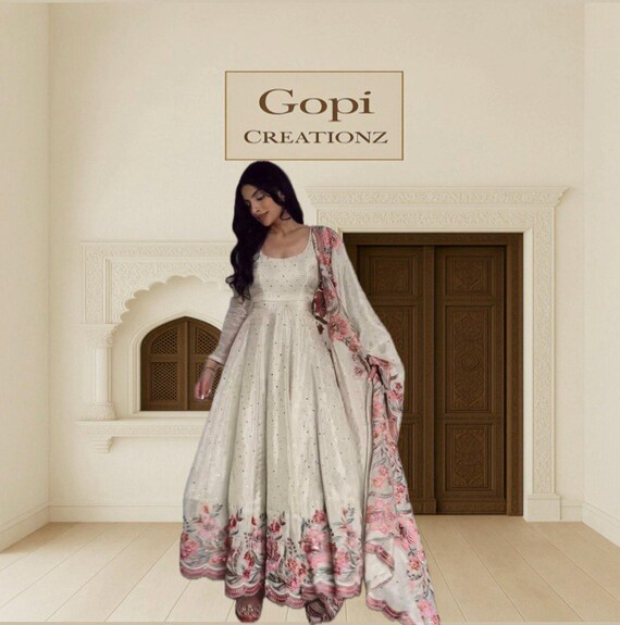 White Work Anarkali Gown: Indian Bridal Reception Dress - Etsy