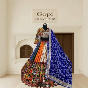 Multicolor Navratri Lehenga Choli Gujarati Digital Print Chaniya Choli Miror Work Garba Dress Dandiya Outfit for Women Festival Wear Lehenga