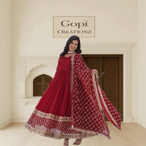 Maroon Embroidered Anarkali Gown with Dupatta | Faux Blooming Zari Work Dress | Indian Ethnic Wear | Full Flare Party Wear Gown