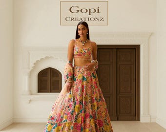 Florale mehrfarbige gestickte Lehenga Choli - Hochzeit & Mehndi Outfit