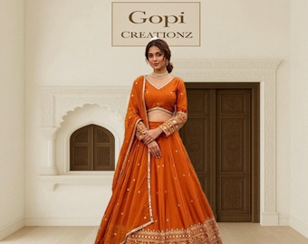 Lehenga Choli naranja para mujer, lehenga de boda india, atuendo de novia bordado