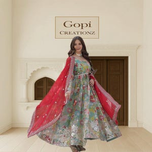 Pastel Floral Anarkali Gown with Red Dupatta | Digital Print Zari Embroidered Silk Gown for Women | Indian Festive Party Wear Dress