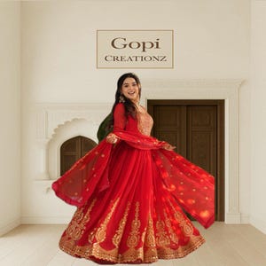 Red Anarkali Dress with Golden Embroidery | Indian Wedding Guest Gown | Traditional Party Wear Anarkali for Women | Festive Ethnic Outfit