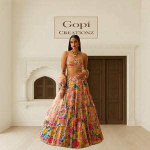 Lehenga Choli con lentejuelas florales multicolores y dupatta: vestido para invitadas a bodas indias