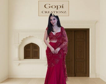 Red Half Saree Lehenga for Women, Bridal reception fancy set, Indian Wedding Outfit
