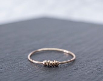 Dainty Gold Filled 14k Anti Stress Ring 0.8mm Thin Band with Running/Rotating Beads and Rings to Help with Anxiety
