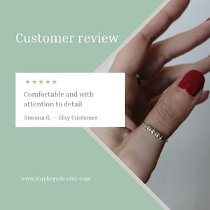 May include: A silver ring with three small beads is worn on a finger with red nail polish. The image includes a customer review that says "Comfortable and with attention to detail". The Etsy shop URL is visible.