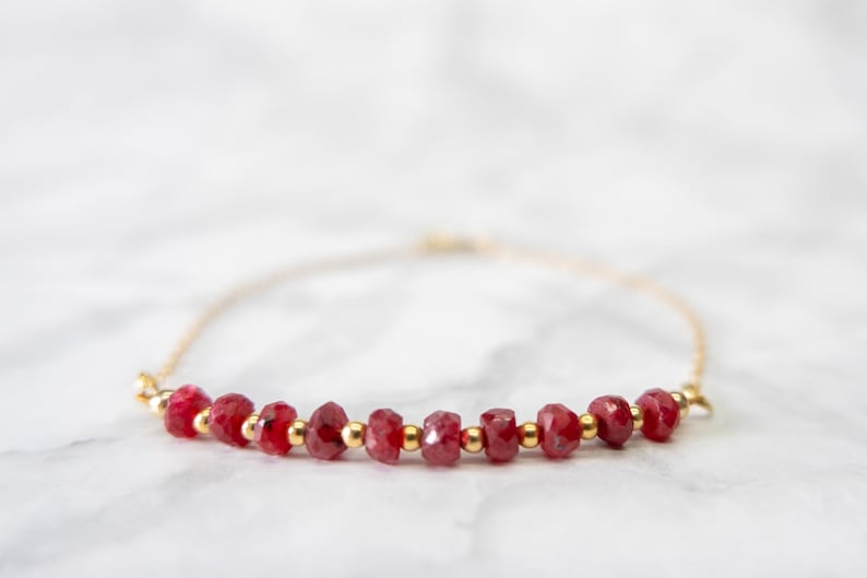 Ruby Bracelet 14k gold filled with cable chain as birthday gift for July births image 1