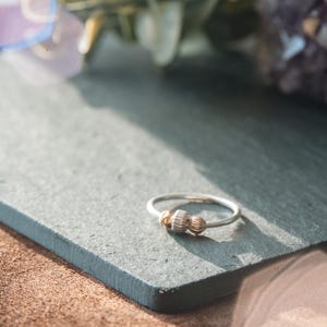 May include: A silver ring with two gold-colored beads. The ring is on a gray surface, with green leaves and purple crystals in the background. The ring is a delicate piece of jewelry.