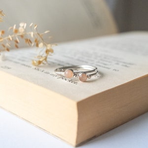 Dainty 925 Sterling Silver Ring with Peach Moonstone 1.25mm Thin Band