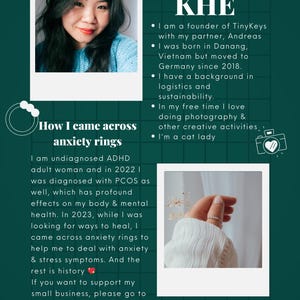 May include: A promotional graphic with a photo of a woman and text. The text reads "Hello, my name is Kh&ecirc;" and describes her background and business, TinyKeysCraft. The image also includes text about anxiety rings.