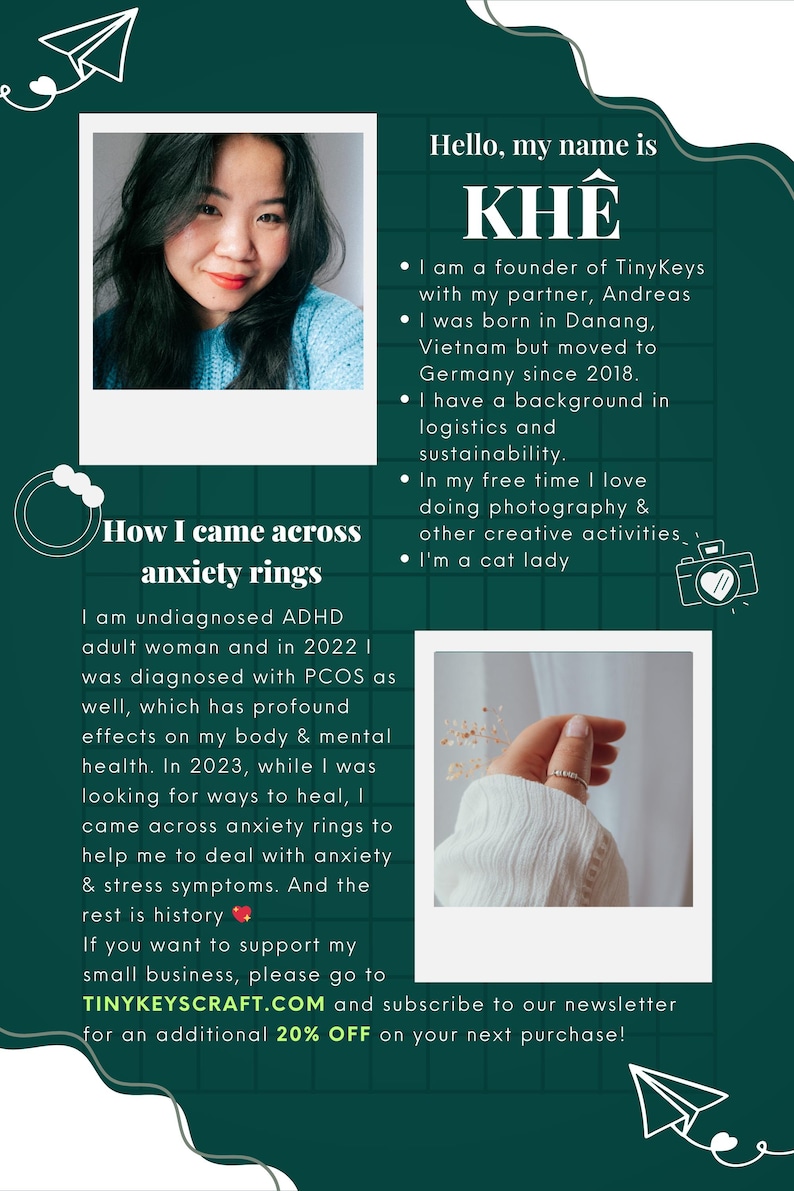May include: A promotional graphic with a photo of a woman and text. The text reads "Hello, my name is Kh&ecirc;" and describes her background and business, TinyKeysCraft. The image also includes text about anxiety rings.