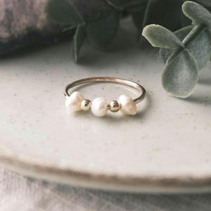 Stress Ring, Worry Ring, Fidget Ring Gold Filled with Freshwater Pearls Dainty ADHD Ring Band with Running Rotating Beads