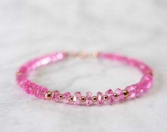 Dainty Pink Topaz Bracelet (COATED) in 14k Gold Filled, Possible with Stretch Band, as Gift for Her or Anniversary Present