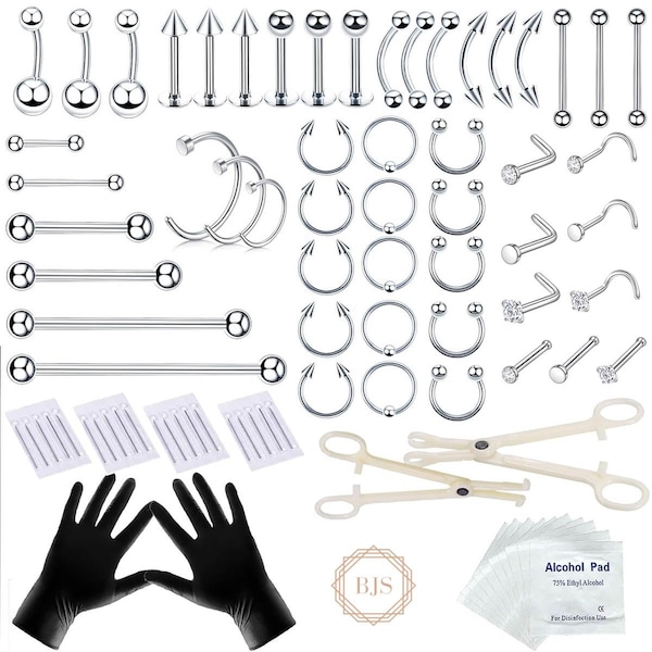 80+ Piece Piercing Kit for All Types of Body Piercings (316L Stainless Steel Piercing Jewelry, Piercing Needles and Gloves Included!)