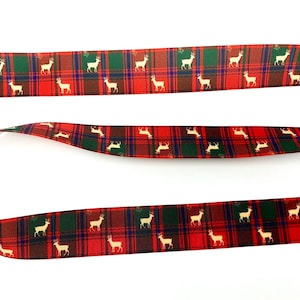 Red Tartan Reindeer Ribbon  Christmas Ribbon Gift Wrap Cake Decorating 25mm- sold per metre