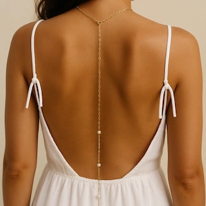 Perle Zurück Drop Halskette | Lariat Halskette für rückenfreies Kleid | Zierlicher Rückenschmuck mit Süsswasserperlen | Brautjungfer Geschenk | Y-Halskette