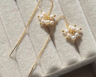Pendientes colgantes de perlas de agua dulce hechos a mano / Joyería nupcial chapada en oro de 18 quilates