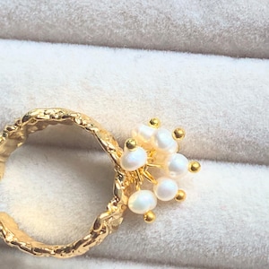 14K Gold Plated Pearl Ring • Adjustable Gold Band with Natural Freshwater Pearls • Dainty Handmade Jewelry Gift for Her