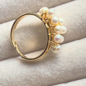 14K Gold Plated Pearl Ring • Adjustable Gold Band with Natural Freshwater Pearls • Dainty Handmade Jewelry Gift for Her