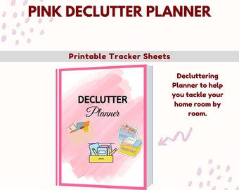 May include: A pink printable decluttering planner with the text "DECLUTTER Planner" and illustrations of a drawer, a box, and a bag. The text "Decluttering Planner to help you tackle your home room by room." is also included. The planner is designed by WHENPIGSFLYCREATIONSBYJEN.