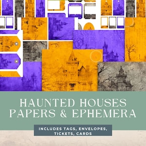 Haunted Houses Junk Journal Pages | 8 Digital Junk Journal Pages | Printable Journal Pages | 7 Ephemera Pages | Paper Craft