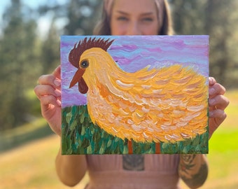 Original Acrylic Painting on Canvas | Farm Chicken | Acrylic on Stretched Canvas | Psychedelic Chicken with Sunset Background | Farmhouse