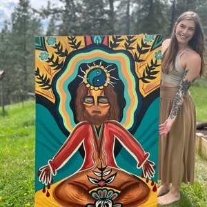 Psychedelic Savior| Large Portrait | Acrylic Painting on Homemade Canvas | Jesus Meditating | Folk Art  | Huge Mural | Yin & Yang | Theology