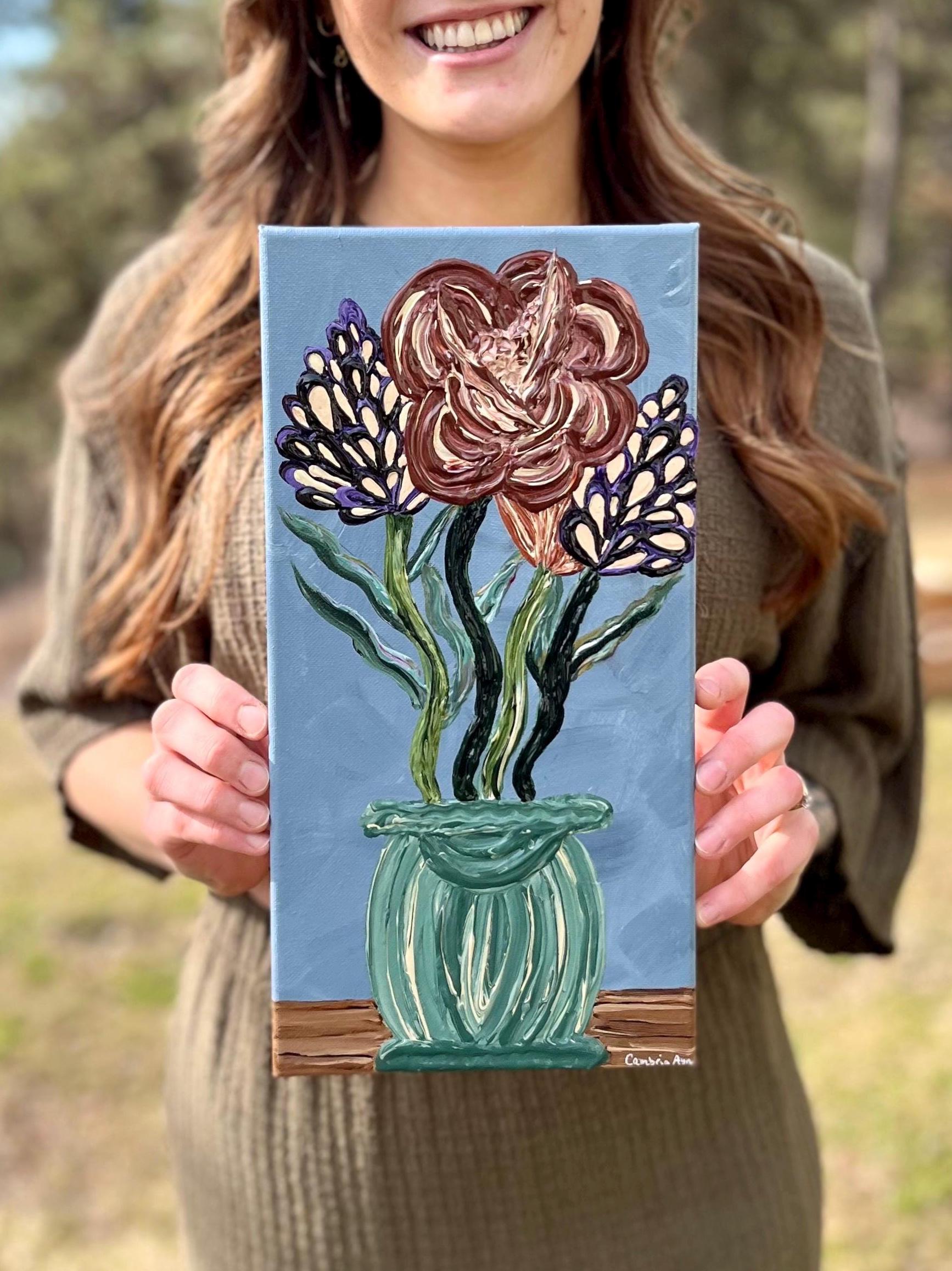 3D Floral Painting: Textured Flower Vase, Abstract Expressionist Art