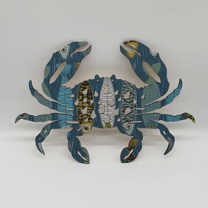 May include: A blue and green crab-shaped wall decoration with a pattern of fish. The crab is made of paper and has a 3D effect.