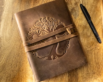 Handmade 8 x 6 Leather Journal with Tree of Life, Sun, and Moon embossing. Lined craft paper, ideal for writing or Book of Shadows.