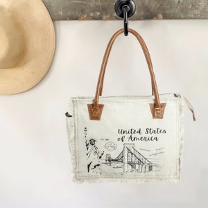 Bolso de mano de lona y cuero reciclado Sel De Mer Bolso de mano de cuero de vaca bolso de compras bolso de mano de cuero