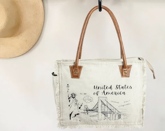 Sel De Mer Upcycled Canvas and leather Hand Bag Cowhide Tote Bag shopping bag carry on leather bag