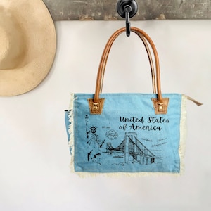 Sel De Mer Upcycled Canvas and leather Hand Bag Cowhide Tote Bag shopping bag carry on leather bag