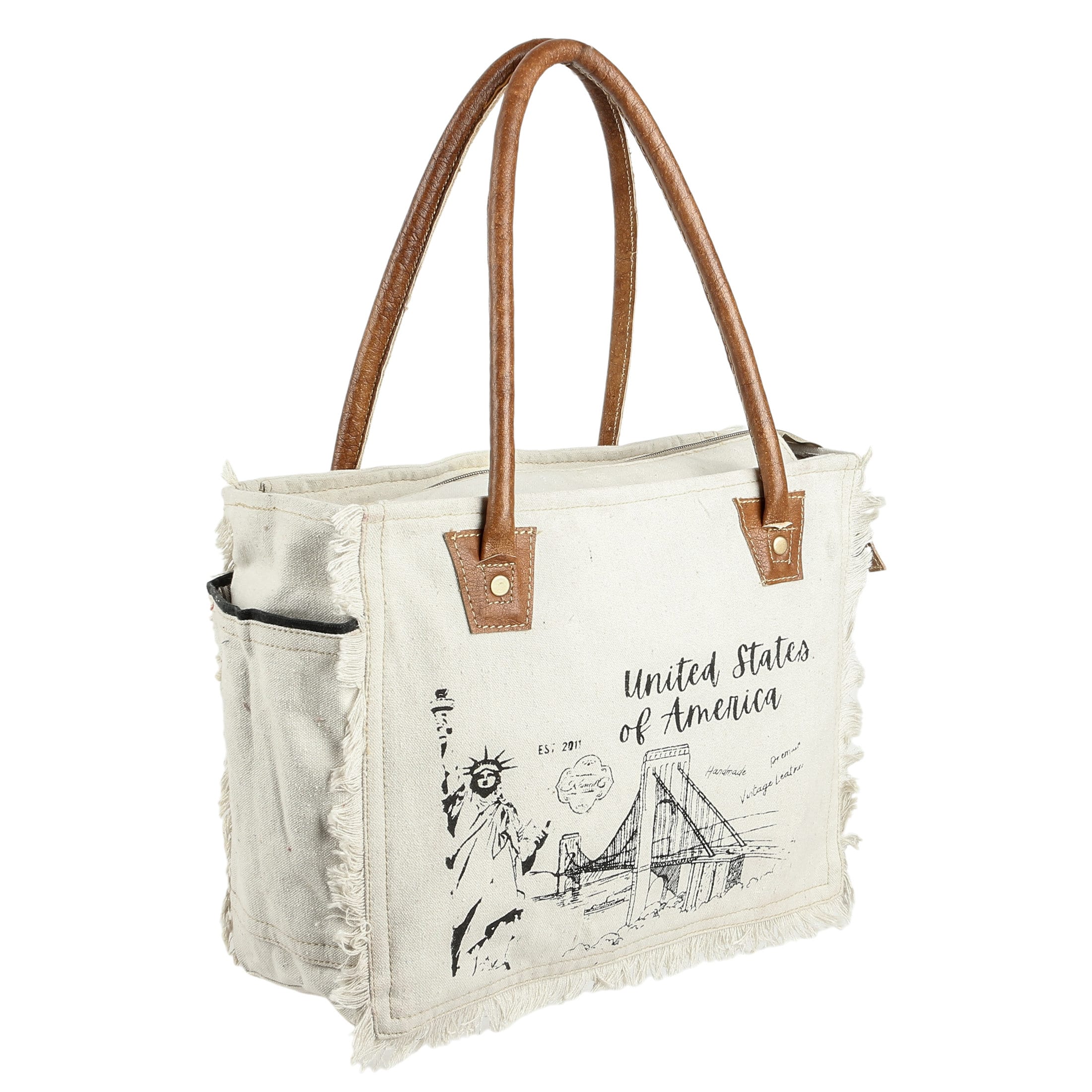 SEL De MER Upcycled Canvas & Leather Shoulder Bag - Women's Medium Tote, White & Black