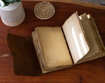 Classic 9x6 leather journal for men and women, with antique deckle-edged yellow pages. Ideal as a sketchbook or Book of Shadows.