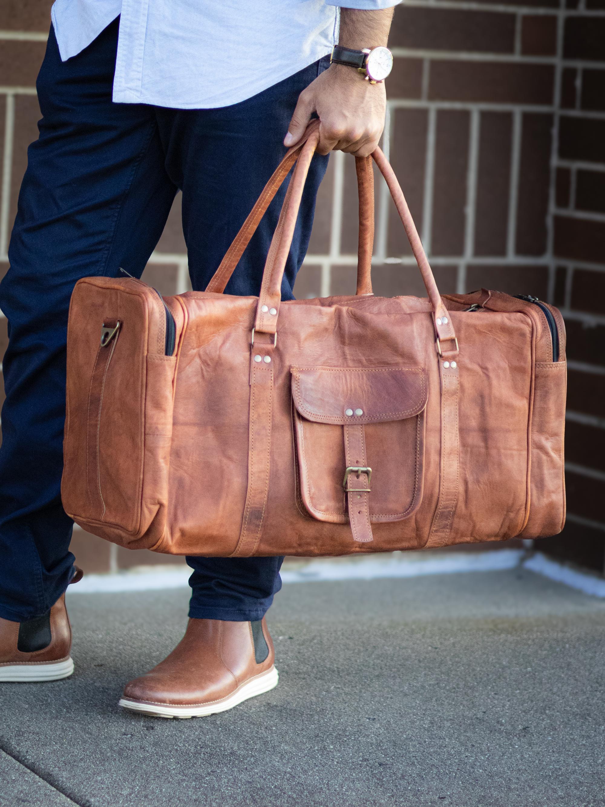 Large Leather Duffel - 24-Inch Square Travel, Sports, and Overnight Weekender Bag for Men & Women