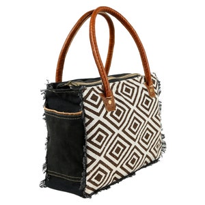 Sel De Mer Borsa a mano in tela riciclata e pelle Borsa in pelle di mucca Borsa per la spesa Borsa da viaggio in pelle