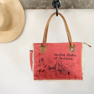Bolso de mano de cuero y lona reciclada Sel De Mer Bolso de mano de piel de vaca Bolso de compras Bolso de mano de cuero