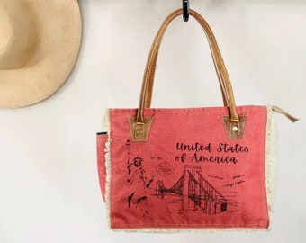 Sel De Mer Upcycled Canvas and leather Hand Bag Cowhide Tote Bag shopping bag carry on leather bag