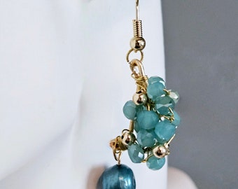 Wirewrapped Aqua Crystals and Pearl Earrings