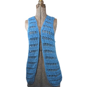 Vintage 70s Crochet Vest: Blue Wool Open Weave, Boho Grandmacore