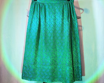 Vintage Brocade Skirt ~ 60s Jacquard ~ Iridescent Blue and Green Women's Clothing ~ Floral Pattern ~ Retro Ladies 1960s ~ Small Easter Skirt