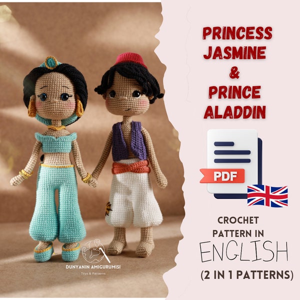 Crochet English PDF pattern Princess Jasmine & Prince Aladdin Doll amigurumi printable PDF, handmade toy making, doll making